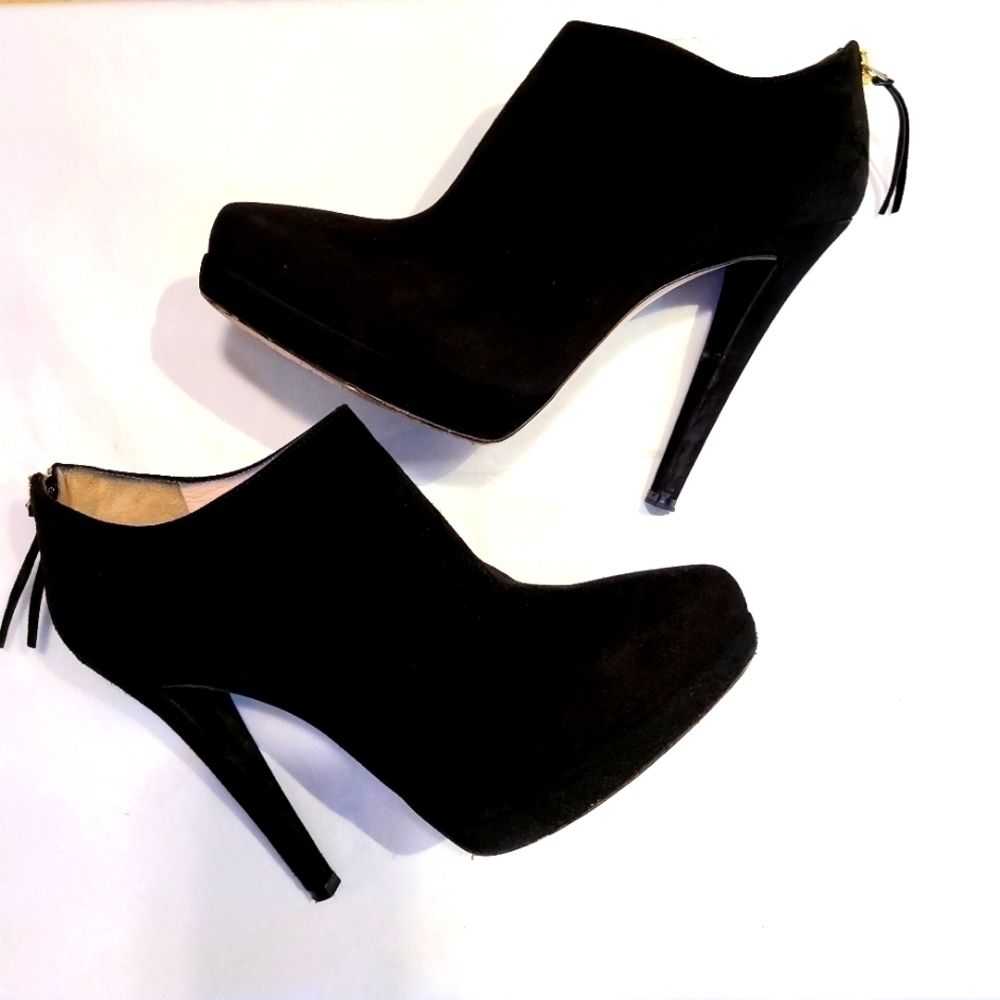 Y2K Miu Miu Platform Ankle Boots Zip Up Heel Round Toe Black Suede Leather EU38
